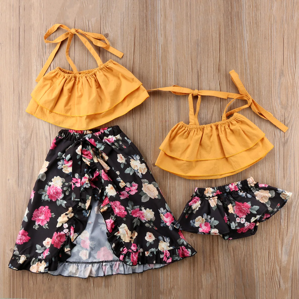 Красивые комплекты одежды для маленьких девочек топы и юбки с цветочным рисунком