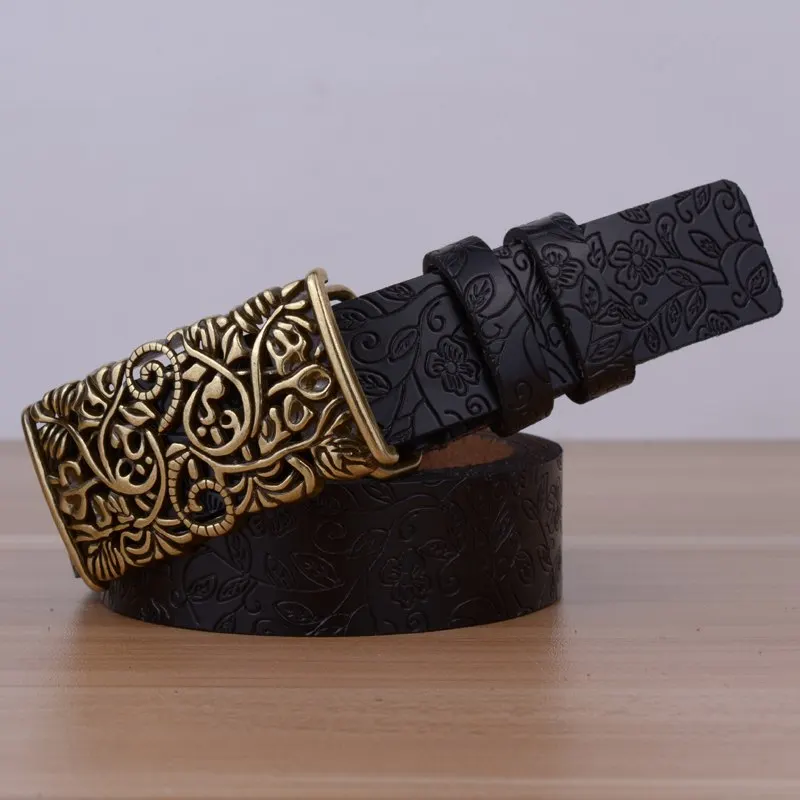 Широкий винтажный ремень из натуральной кожи женский коровьей с цветочным