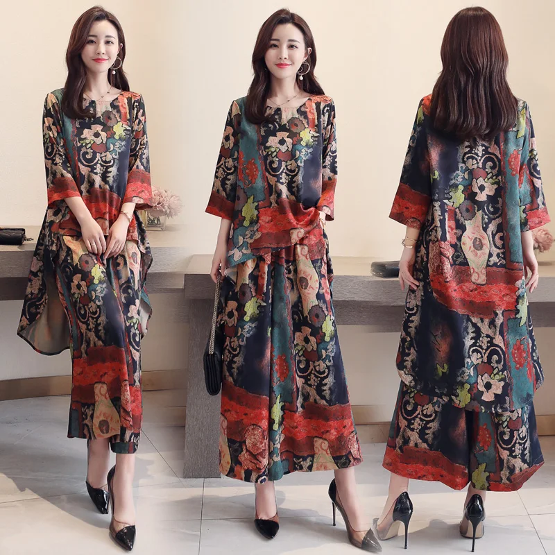 

Spring Floral Print 2 Piece Set Women Retro Palazzo Pants Conjunto Feminino Vintage Ensemble Femme Deux Pieces Wide Leg Pants