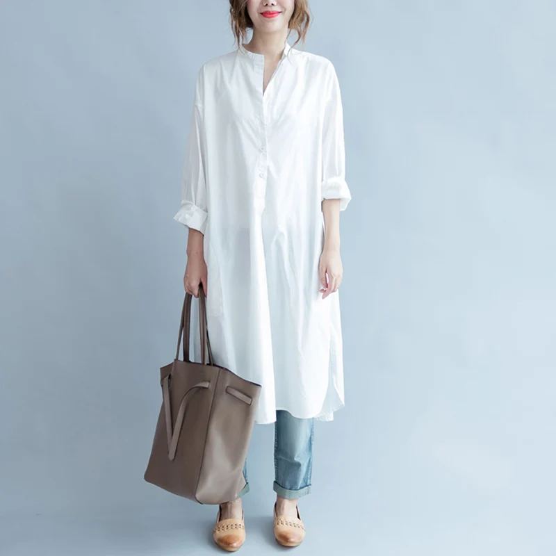 Женская Длинная блузка из хлопка белая Повседневная Блузка с высоким и низким