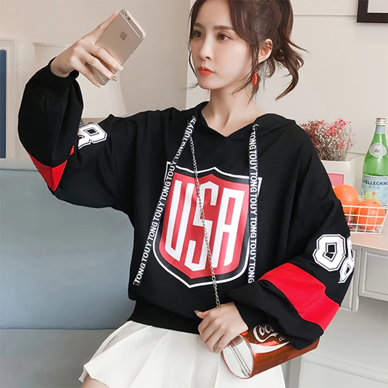Толстовки женские 2018 модные толстовки с длинным рукавом принтом букв спортивные