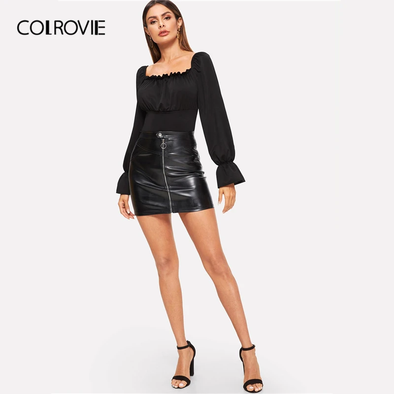 COLROVIE/Черный винтажный комбинезон со шнуровкой на спине с квадратным вырезом, Женская Весенняя коллекция года, Сексуальные Вечерние боди с длинными рукавами и высокой талией