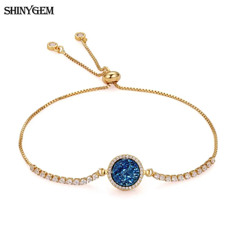 Изящный браслет с кристаллами ShinyGem натуральный круглый позолоченный друзами