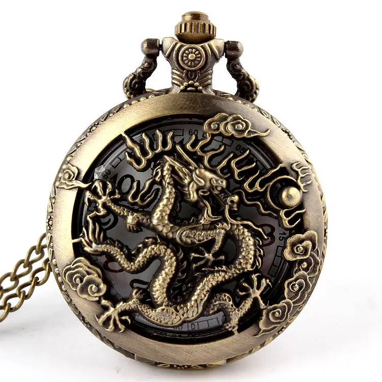 

Chinese Zodiac Dragon Hollow Bronze Quartz Pocket Watch Dragon Pattern Laser Engraved Necklace Pendant Women Men Gifts P255