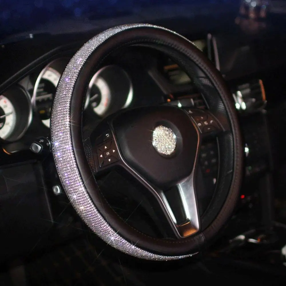 steering wheel cover Шикарный чехол для автомобильного переключения передач, чехол для ремня безопасности, поясная подушка для шеи, чехол для колеса с кристаллами, набор аксессуаров для украшения автомобиля - Название цвета: steering wheel cover
