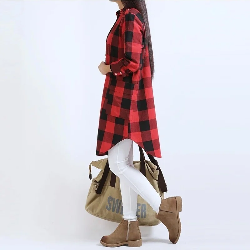 Женская винтажная Блузка в клетку с длинным рукавом Классическая длинная