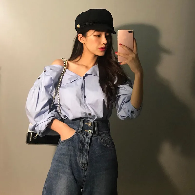 WHITNEY WANG 2019 Весенняя мода уличная одежда сексуальные пуговицы раздельные плечи