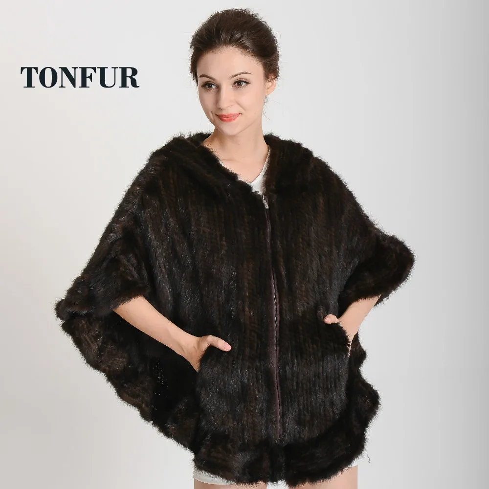 Из натуральной норки Мех шаль пончо с капюшоном Для женщин вязаной пальто мехом