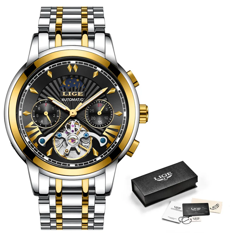 gold black LIGE Роскошные автоматические механические мужские часы, Классические деловые часы для мужчин, турбийон, водонепроницаемые мужские наручные часы, Relogio Masculino - Цвет: gold black