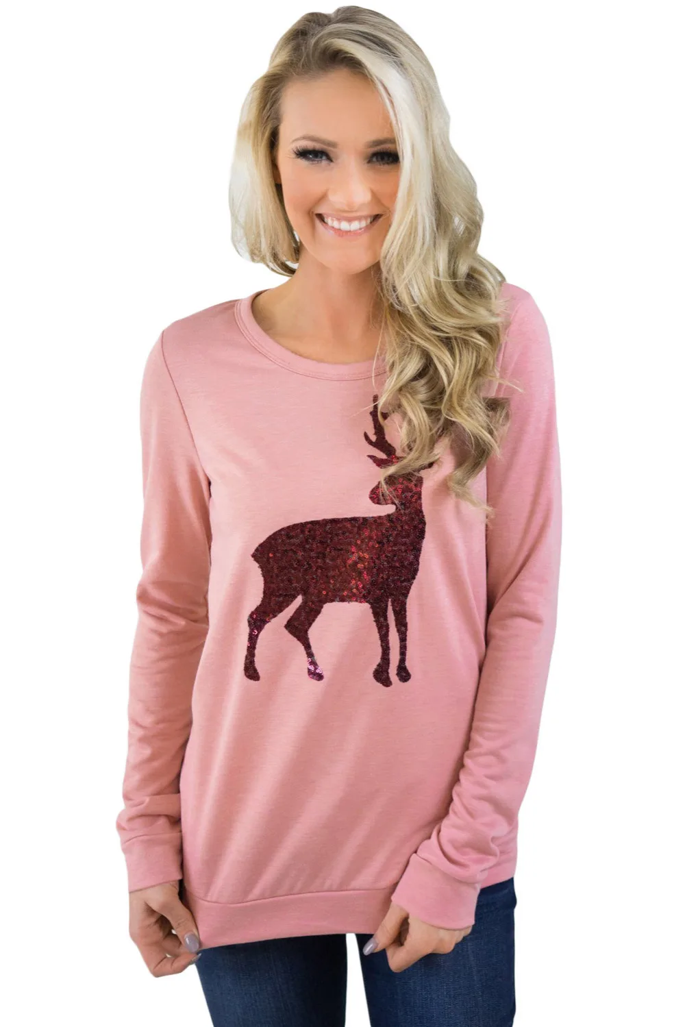 2018 Новое поступление осень женская Повседневное розовый черный олень блестками