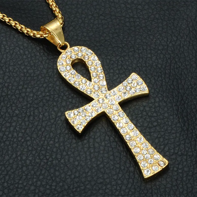 Мужское ожерелье с кристаллами Ankh позолоченное из нержавеющей стали Египетский