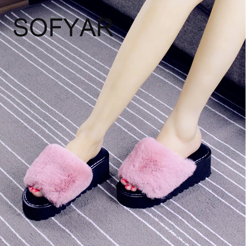2017 меховые тапочки сезон весна Домашние шлепанцы на высоком каблуке обувь из