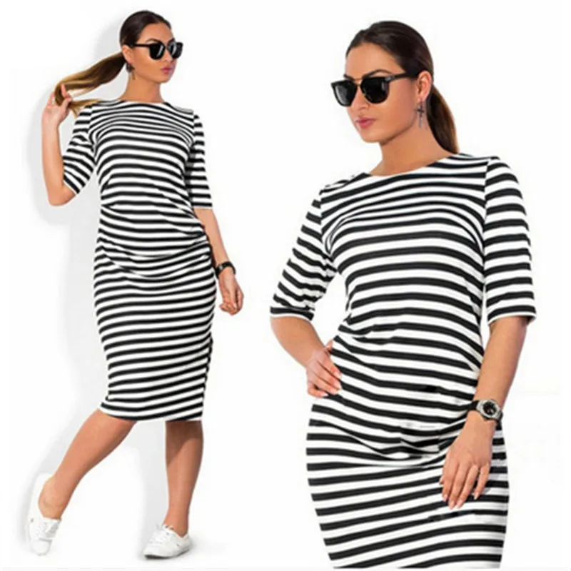 Полосатые осенние женские платья больших размеров новинка 2018 женская одежда