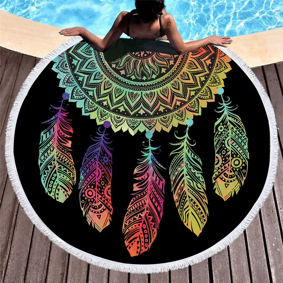

Colorful Dreamcatcher Tassel Mandala Tapestry Black Round Beach Towel Toalla Sunblock Blanket Yoga Mat 150cm