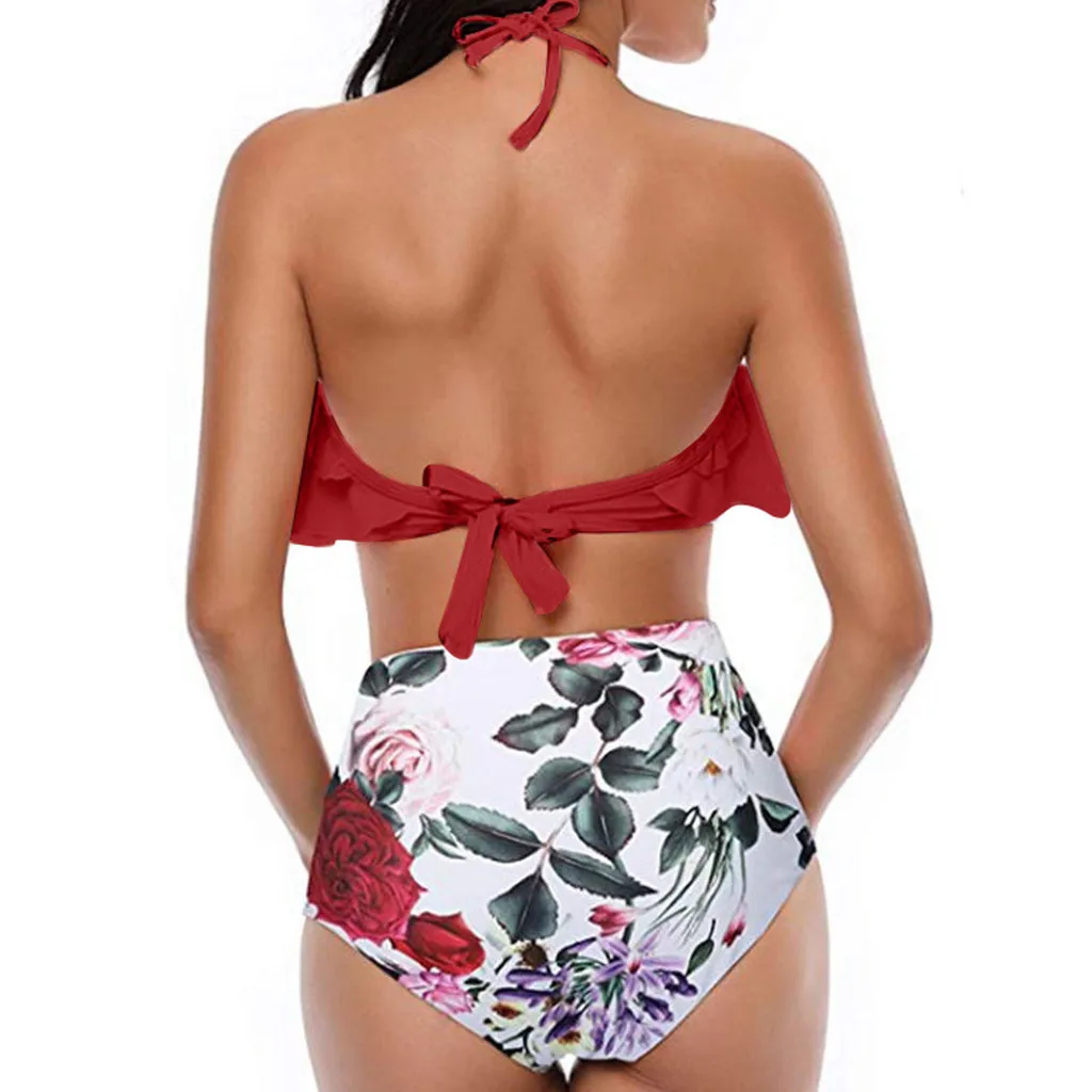 Женский однотонный красный топ с лямкой на шее оборками цветочным принтом