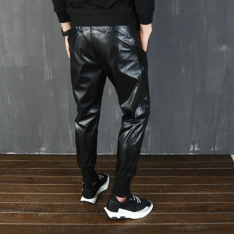 

Mens Faux Leather Joggers Hip Hop punk pu Motorcycle Harem Sweatpants Men Nightclub stage costume patchwork trousers 110101