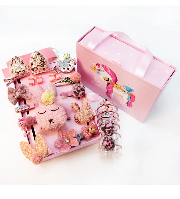 24pcs/lot Children girls hair Accessories Headwear Gift box Ribbon Bow Rabbit Hair clip ties Princess Crown barrette | Детская одежда и