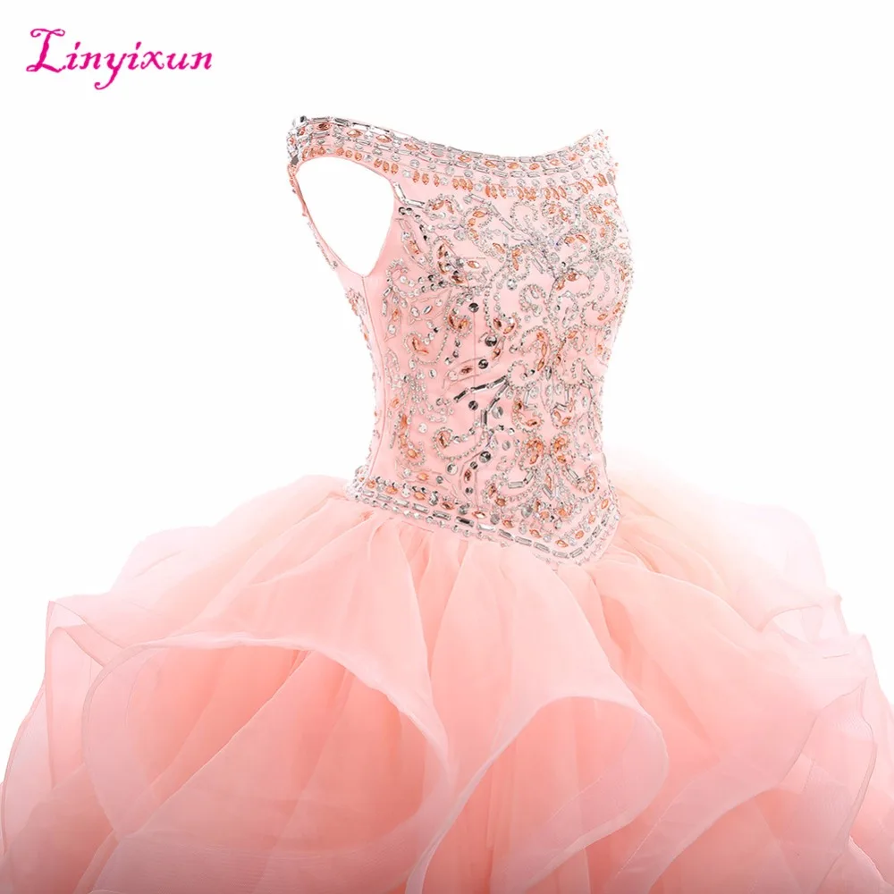 Linyixun реальное фото сексуальное бальное платье с кристаллами платья для Quinceanera