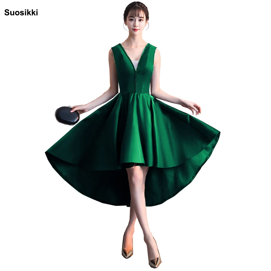 

Suosikki Sexy Deep V-neck Short Front Long Back Beading Evening Dress Bride Banquet Formal Party Gowns Vestidos