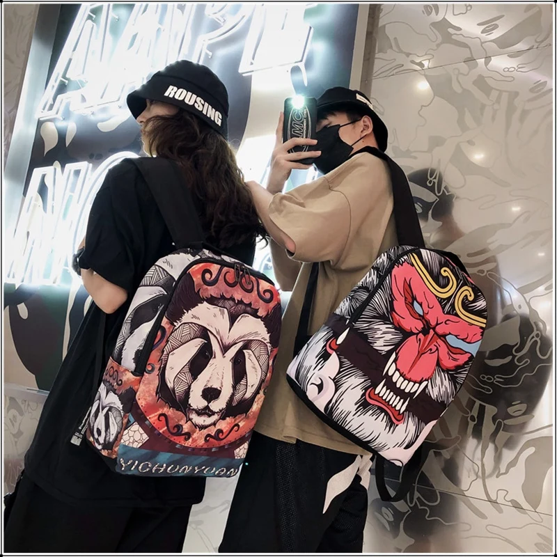 

New Fashion Hip Hop Cartoon Printed Backpacks Unisex Oxford Waterproof Travel Sports Bags Panda Monkey Graffiti Lovers Backpack