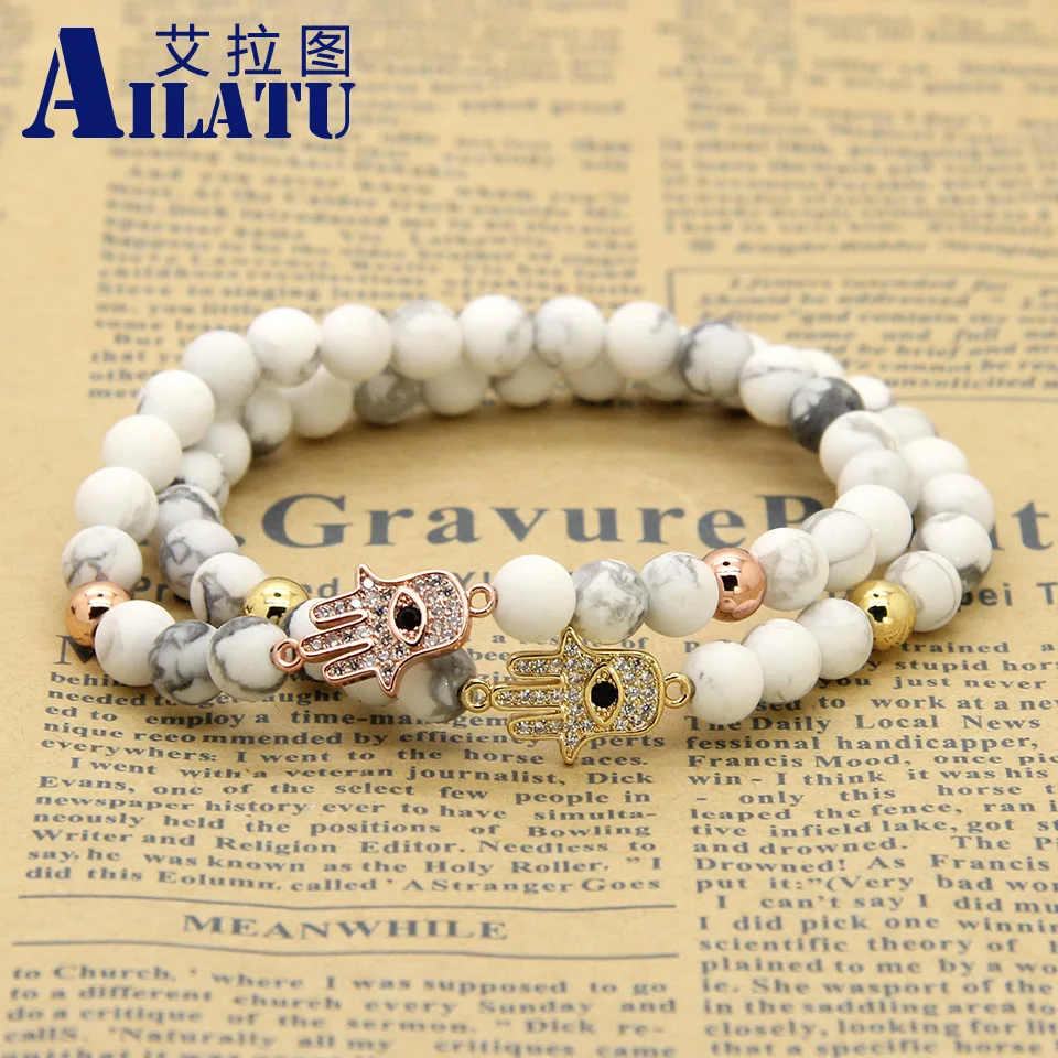 Ailatu 6 мм белые мраморные бусины Howlite с микрозакрепкой фианитами Hamsa браслет