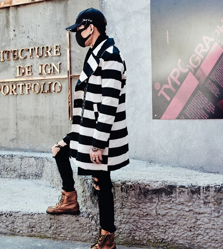 New Arrival Darkly Western Style Fashion Slim Mens Mid-Long Wool coat Hip Hop Autumn Male Casual Striped Overcoats Streetwear