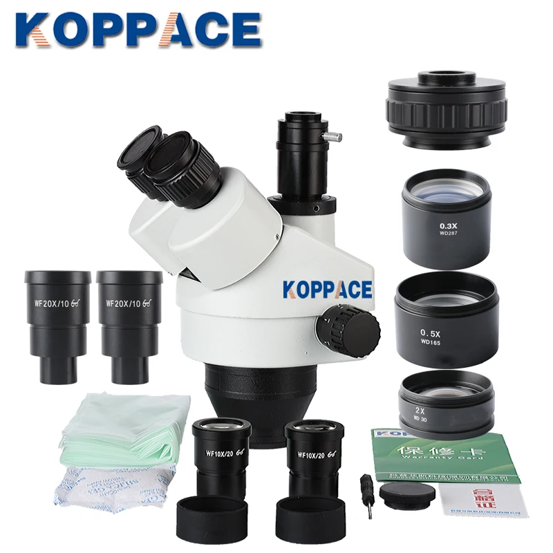 KOPPACE 2.1X 180X Тринокулярный Стерео Зум микроскоп с WF10X/20 WF20X/10 широкополыми окулярами