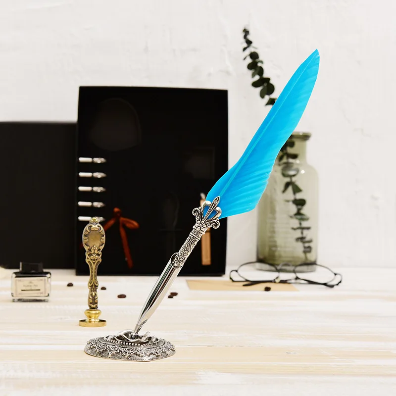 

Vintage Metal Feather Pen Set Fountain Pen Medium Nib Feather Pen Office Supplies School Study Gift Calligraphy Pen Art Supplies