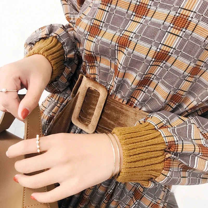 

AKSLXDMMD Causal Dress Women 2019 New Spring Fashion Knitted Cuff Printed Plaid Pleated Dress Female Vestidos LH1341