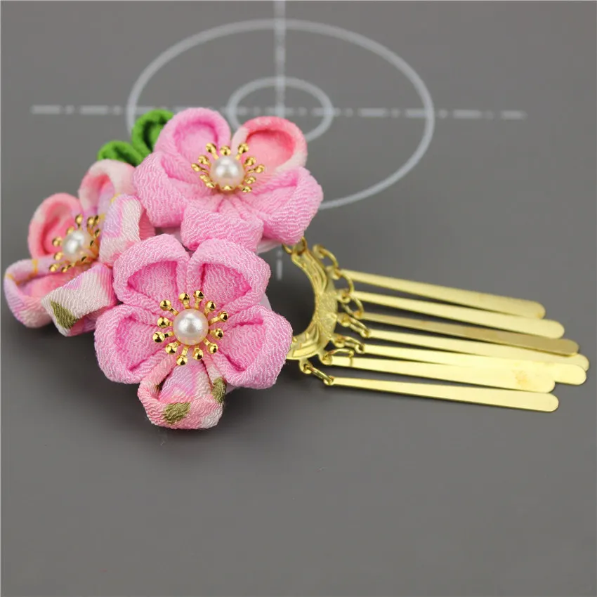 Японский стиль tsuami Kanzashi Розовый Красный Цветок сакуры заколка для волос кимоно гейши ручной работы головной убор HW001