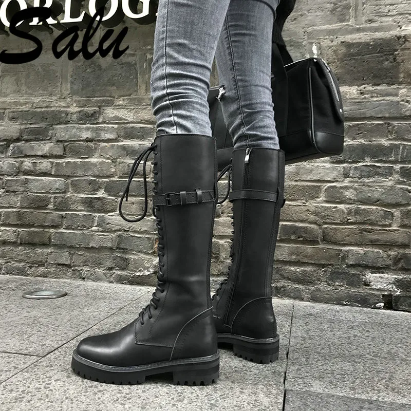 

Salu Women Square Heel Knee High Boots Basic Round Toe Cow Leather Shoes Woman Handmade Warm Boots Size 39 40