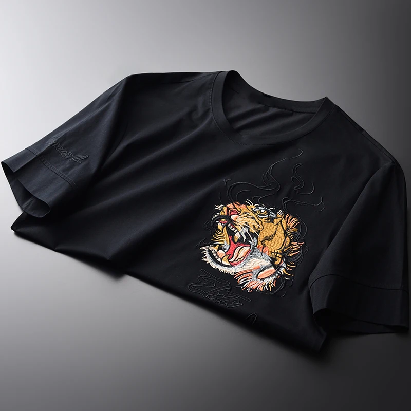 Мужские футболки Minglu с вышивкой роскошные хлопковые спандекс коротким рукавом