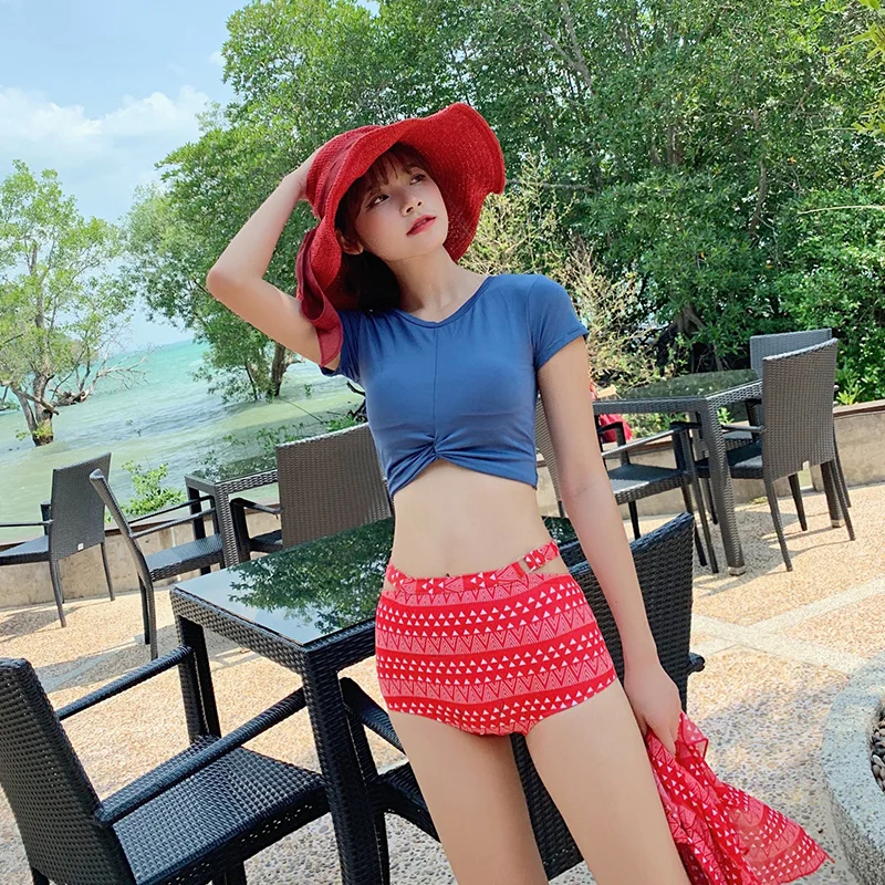 Сексуальный красный купальник 2019 новый короткий рукав сплошной бикини с высокой