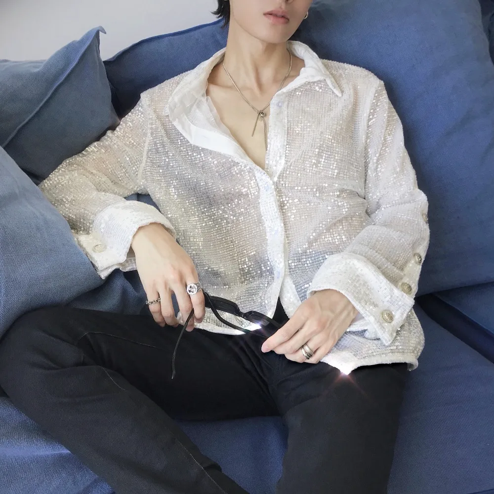 2018 New men's clothing Hair Stylist GD Fashion Show personality Sequins Shirt plus size Stage Singer costumes | Мужская одежда