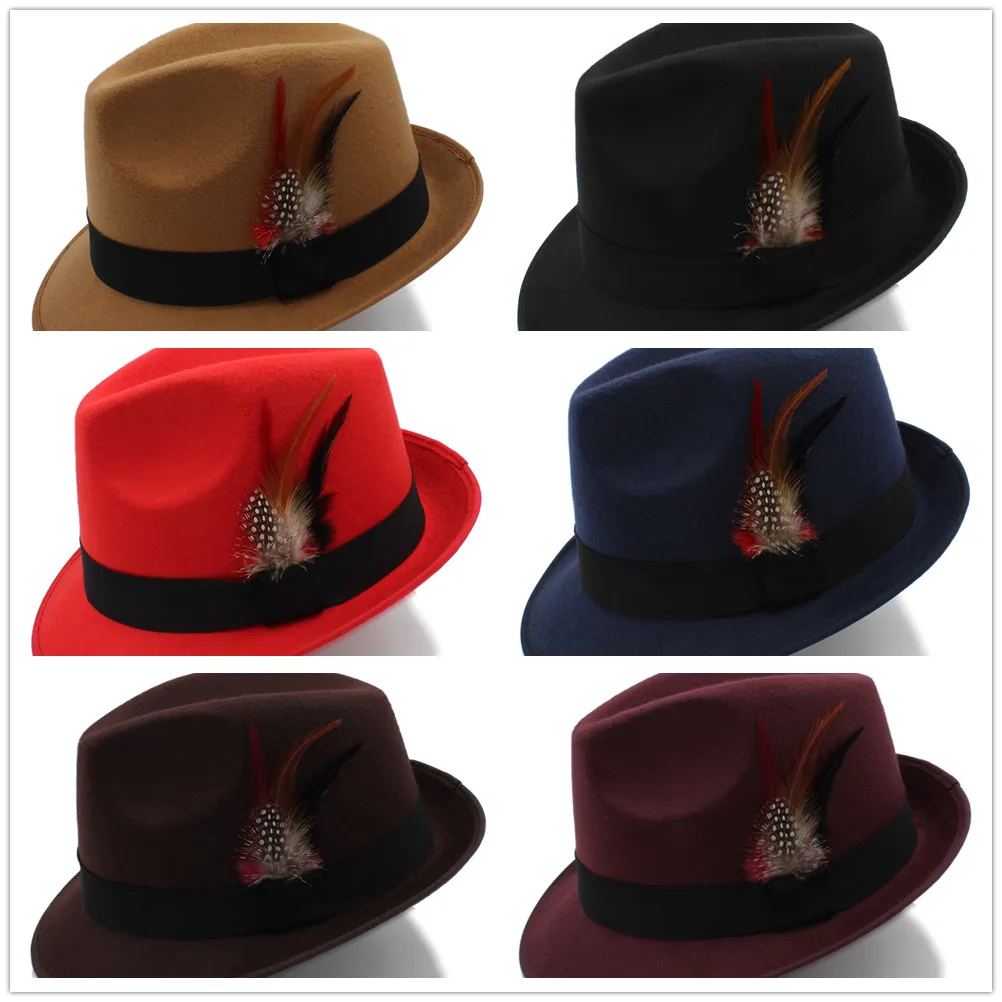 Женская шерстяная фетровая шляпа с перьями размер 57 см для церкви и джаза зимы