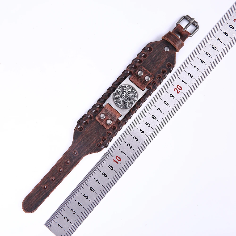 Teamer Slavic Brown Leather Bracelets for Men Star Anise Closed Round Charm Amulet Wide Braid Bracelet Vintage Viking Jewelry|Браслеты с