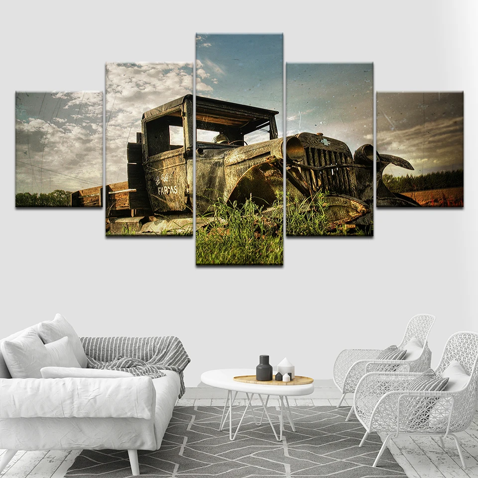 5 Panel Wall Art Old Vintage Truck On The Prairie Painting Picture Print Canvas Car For Home Modern Decor Artwork | Дом и сад