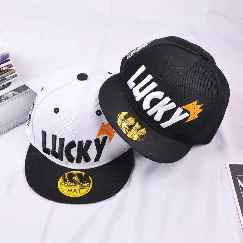 Child Kids Lucky Letter Crown Embroidery Baseball Cap Cartoon Hip-Hop Wide Flat Bill Sunscreen Adjustable Snapback Sun Hat 2-8T