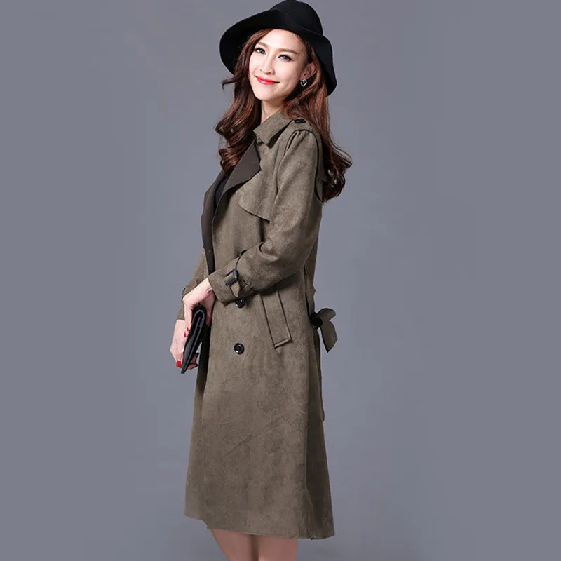 Large Size 5XL 6XL Autumn Women's Trench Coat Suede Long Double-breasted Belt Windbreaker Lady Elegant Business Outerwear M130 | Женская