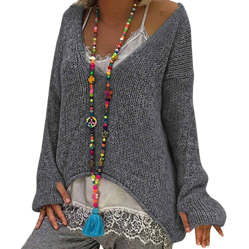 2018 Casual Women Loose Knitted Sweaters Autumn Winter V Neck Irregular Crochet Jumper Half Glove Female Oversized Pullover Tops | Женская