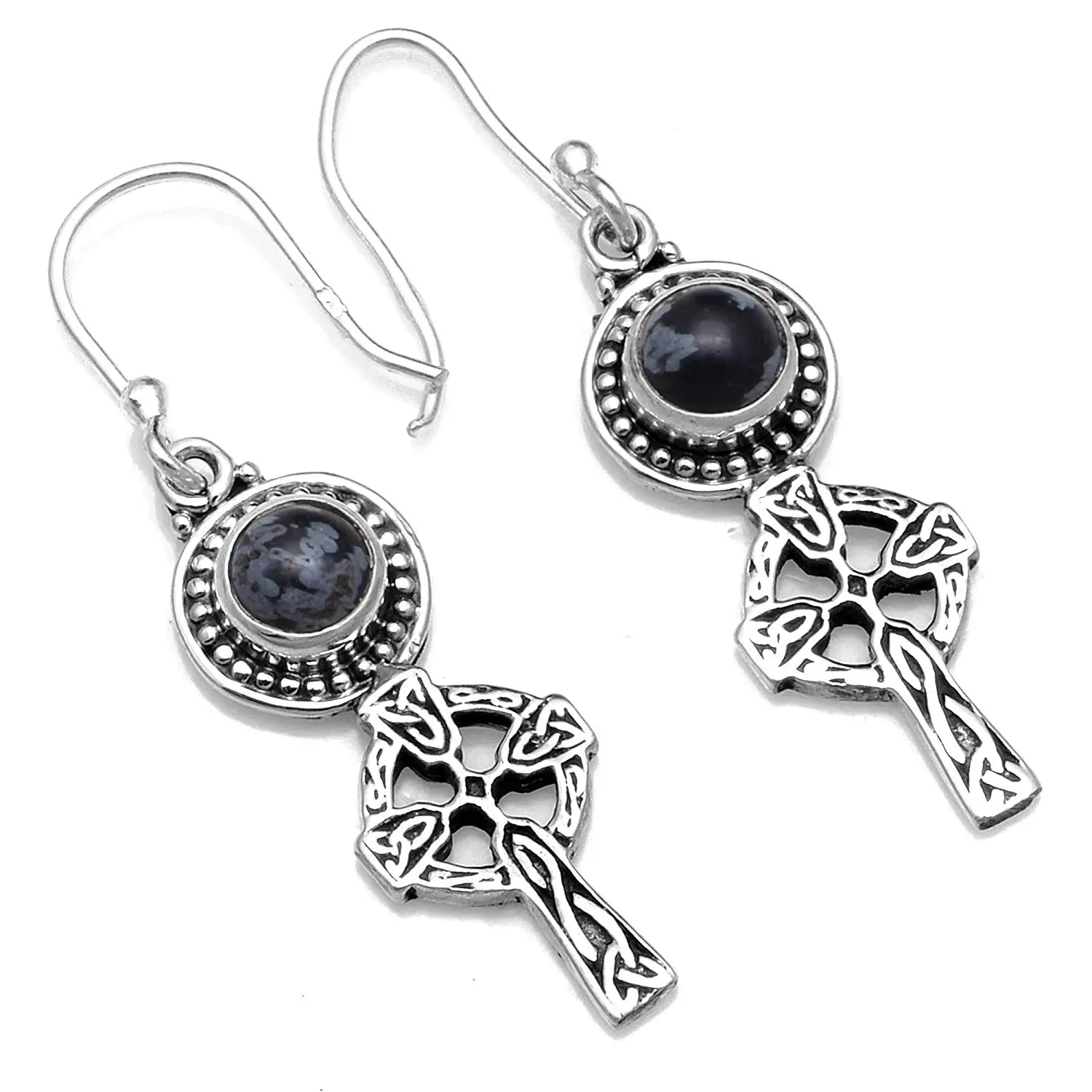 

Genuine Snowflake Obsidian 925 Sterling Silver Earrings, 42.5 mm, AE2577