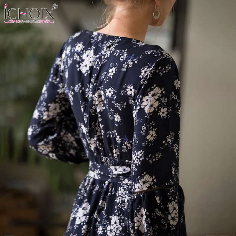 Женское длинное платье с цветочным принтом ICHOIX Повседневное Платье макси v