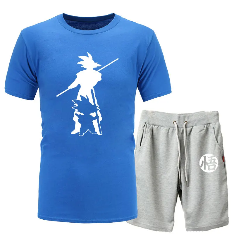 blue light gray 1 Новинка года; летняя футболка с принтом «Жемчуг дракона Z Goku» из 2 предметов+ шорты; футболка с короткими рукавами и круглым вырезом Повседневная брендовая одежда Vegeta Harajuku - Цвет: blue light gray 1