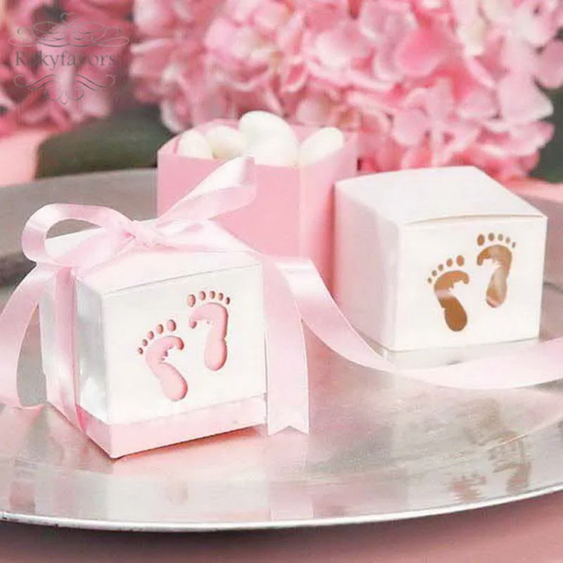 100 шт детские ножки вырезанная коробка для конфет с атласной лентой Baby Shower 1ST день