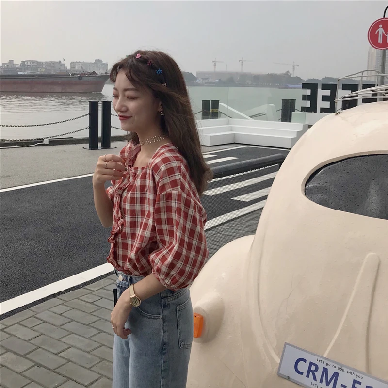 Square Collar Wooden Plaid Shirt Women's Shirts Harajuku Ulzzang Student Lady Kawaii Chic shirt For Women Casual |