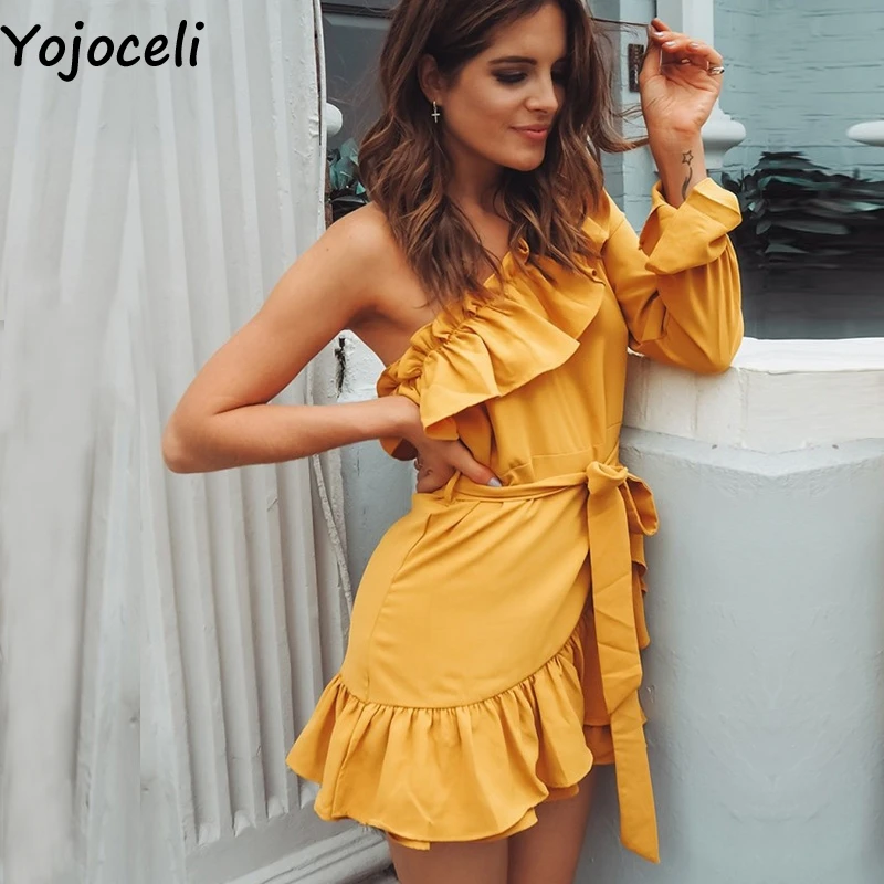 Сексуальное платье Yojoceli в горошек с оборками женское летнее короткое на одно