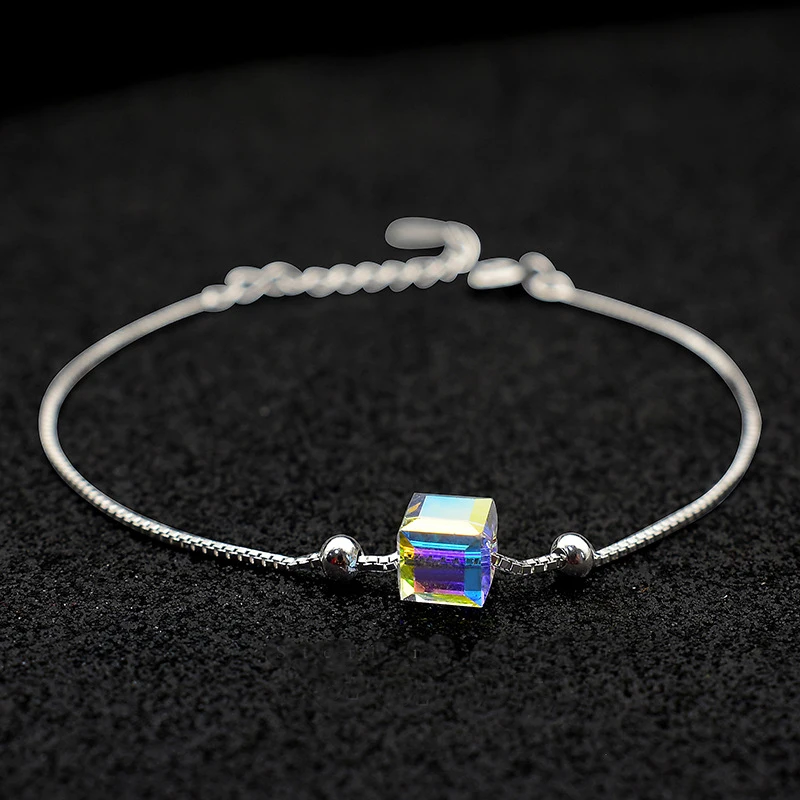 Aurora Square Crystal Real 925 Sterling Silver Bracelets for Women Female Korean Ins Style Box Chain Bracelet Jewelry YBR157 | Украшения и
