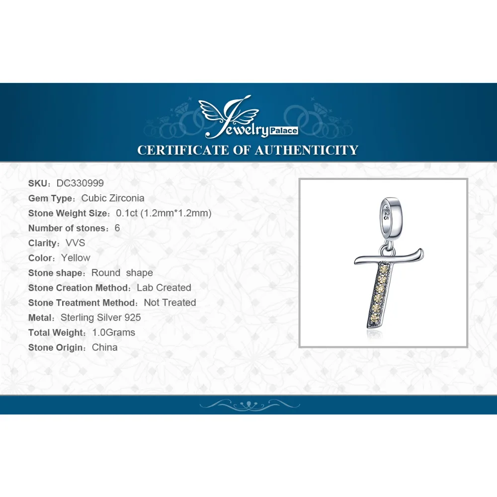 JewelryPalace золотисто желтый кубического циркония Письмо T мотаться бисера Шарм Fit