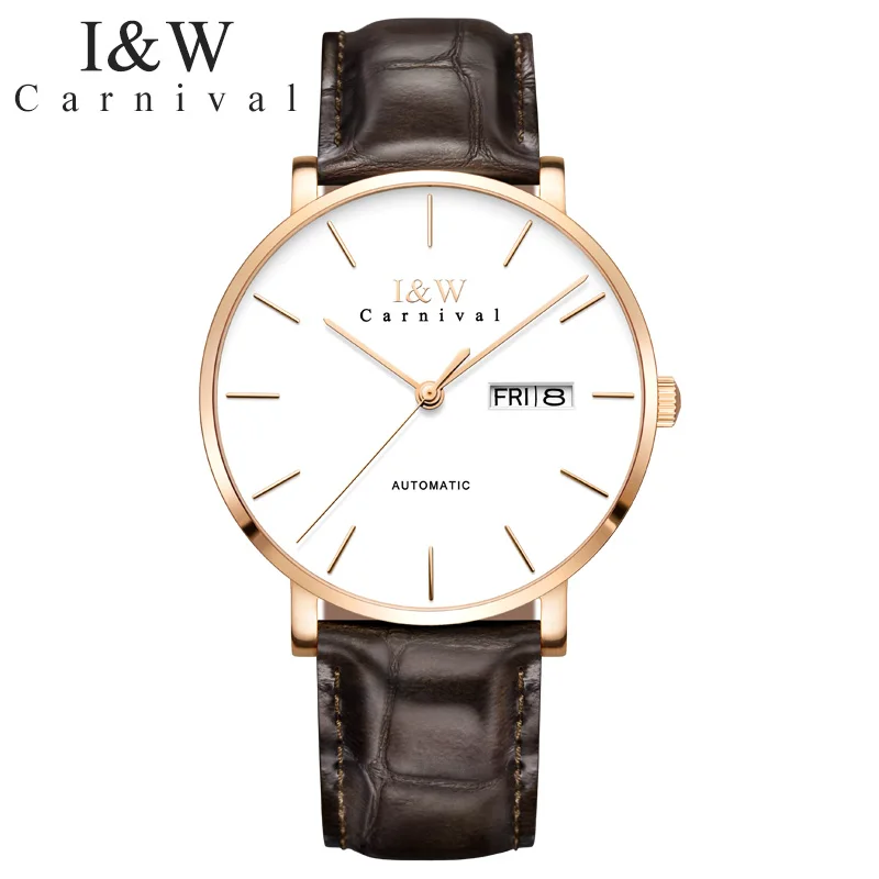 

I&W 2018 Fashion Automatic Watche Men Carnival Mens Mechanical Watches Leather Strap Ultra-Thin Xfcs Waterproof Clock erkek saat