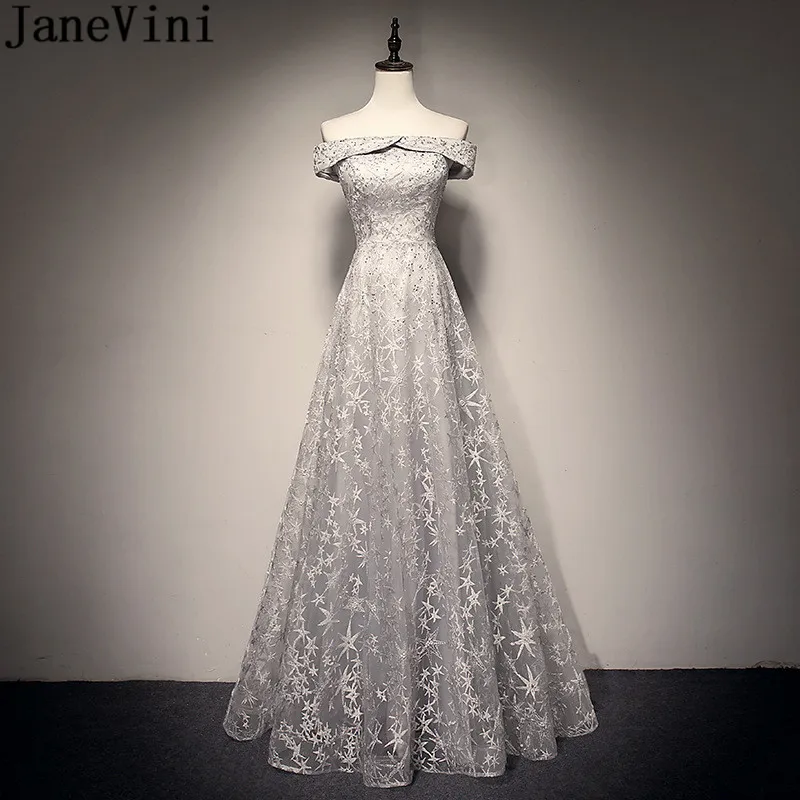 JaneVini Off Shoulder Gray Long Prom Dresses 2019 Beaded Lace Elegant Tulle Women Formal Dress Party Wear Gowns Galajurken Lang | Свадьбы и